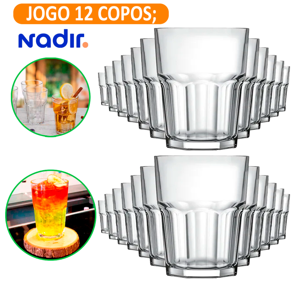 Jogo 12 Copos Long Drink Bristol Nadir | Vidro Reforçado Canelado Água Suco Bar 200 ml Buffet