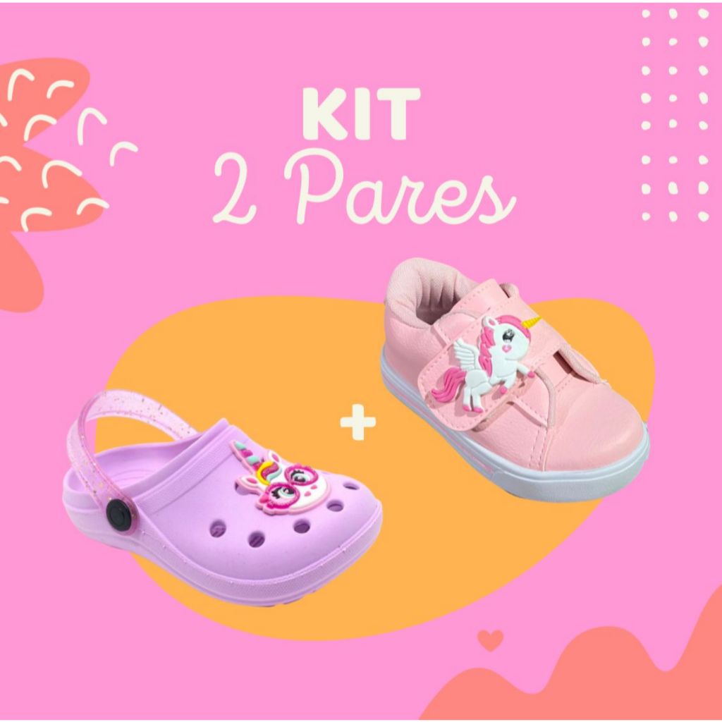 Kit 2 Pares Tênis Infantil Feminino Menina Calce Fácil e Babuche Antiderrapante Leve Confortável Estiloso Moda Infantil