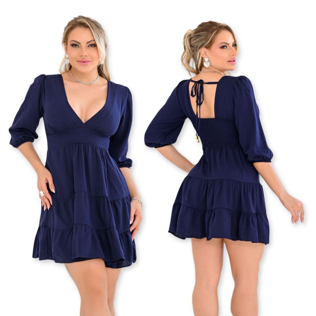 Vestido Curto Feminino com Decote V e Manga 3/4 com Lastex nas Costas Blogueira Estilo Romântico em Oferta na Shopee