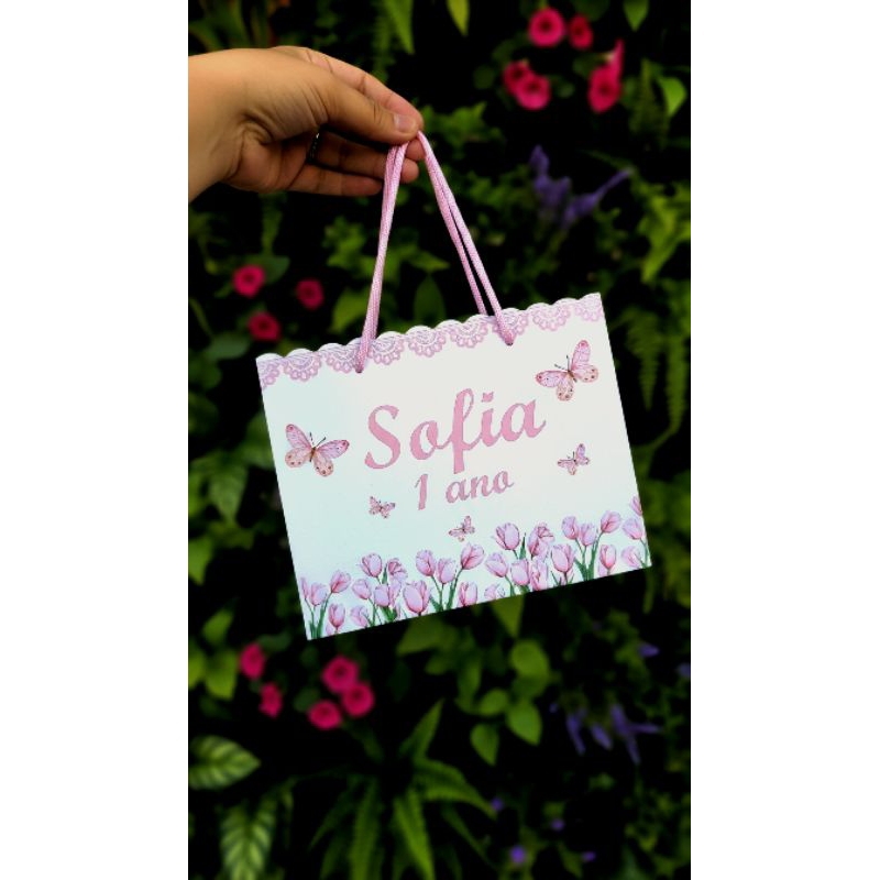 sacolas personalizadas, sacola de aniversário, sacolinhas, jardim das borboletas, jardim encantado