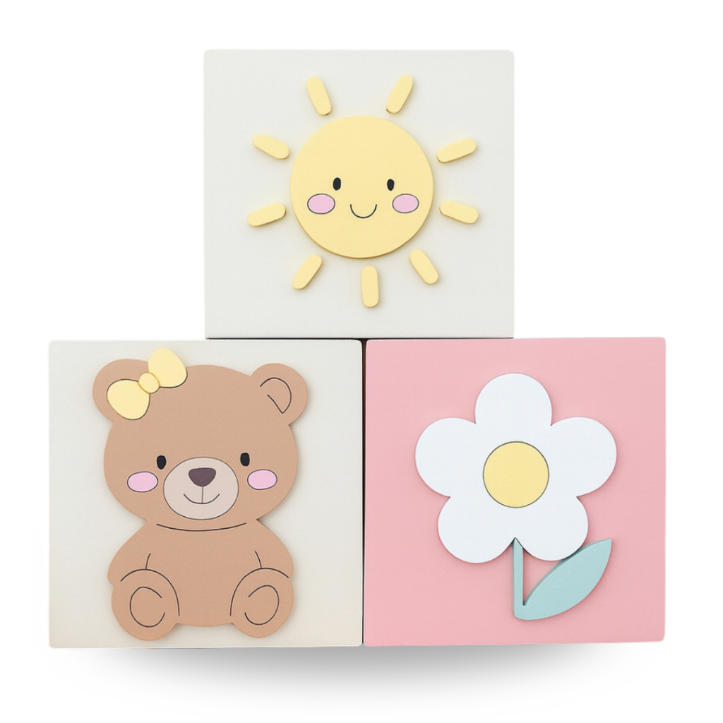 Kit 3 Cubos Decorativos Mdf Infantil Bebê Ursinha Flor Jardim Rosa Menina Solzinho Kit 3 Cubos Decorativos Mdf Infantil Bebê Ursinha Flor Jardim Rosa Menina Solzinho