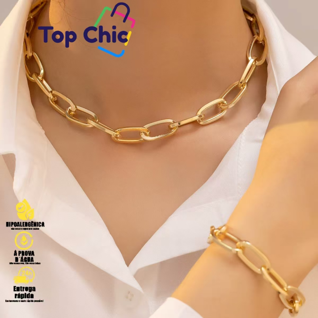 Conjunto Feminino Dourado – Colar e Pulseira com Corrente Retangular Banhados a Ouro 18K
