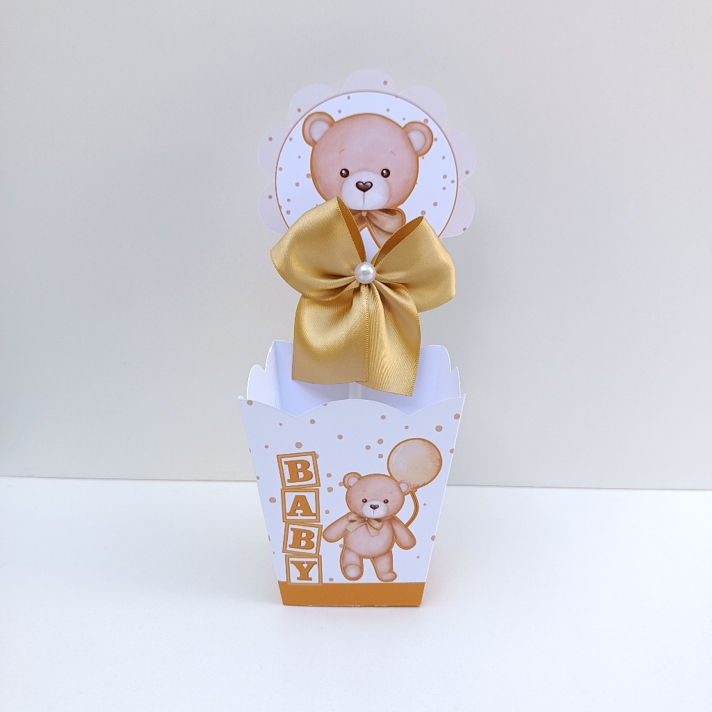 Centro de Mesa Chá Revelação Ursinho Dourado l Caixa Cachepô l Caixinha Cachepô l Aniversário l Festa Infantil