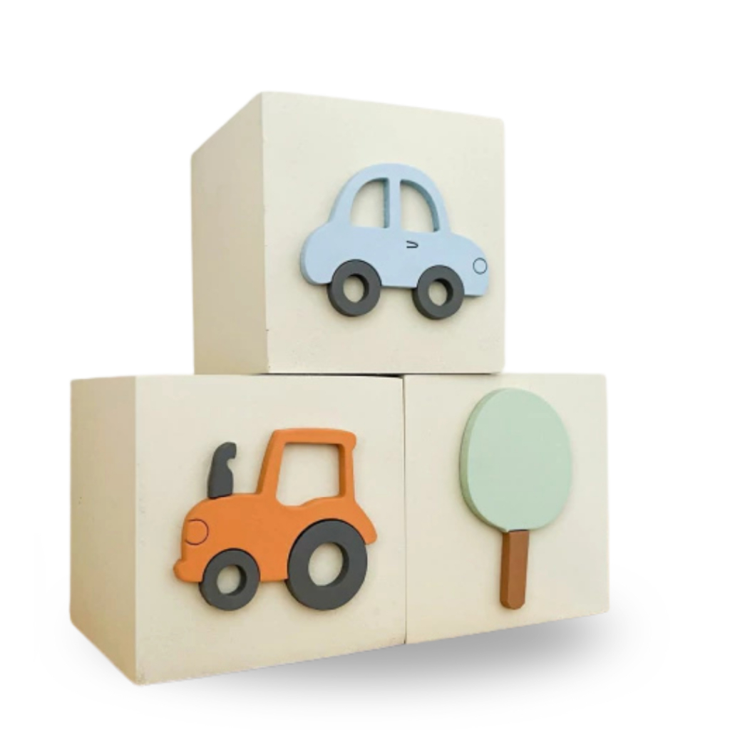 Kit 3 Cubos Decorativos Mdf Infantil Bebê Menino Carrinho Trator Carros Atelier Belly