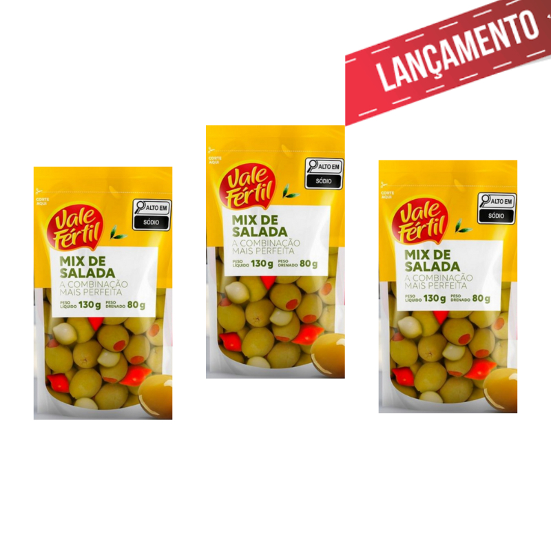 Kit 3 Mix Salada Vale Fértil Azeitona Verde Com Pasta de Pimentão + Cebolinha + Pimenta Biquinho 80g