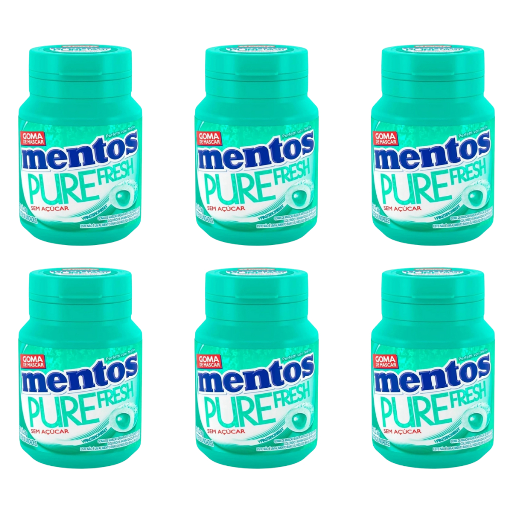 6 Potes de Chiclete Mentos Pure Fresh Wintergreen Menta Verde 56g/Cada Pote