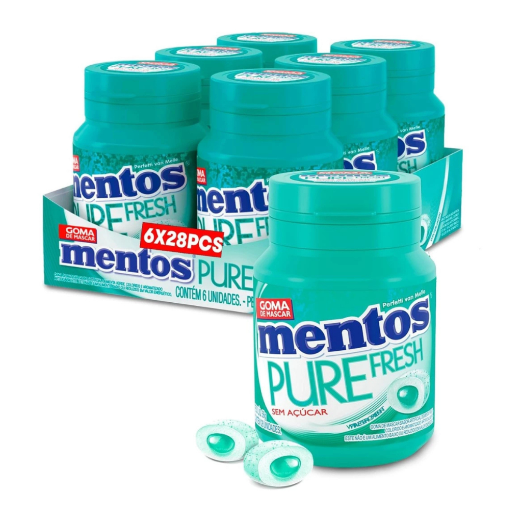 Kit 6 Potes de Chiclete Mentos Pure Fresh Wintergreen Menta Verde 56g/Cada Pote