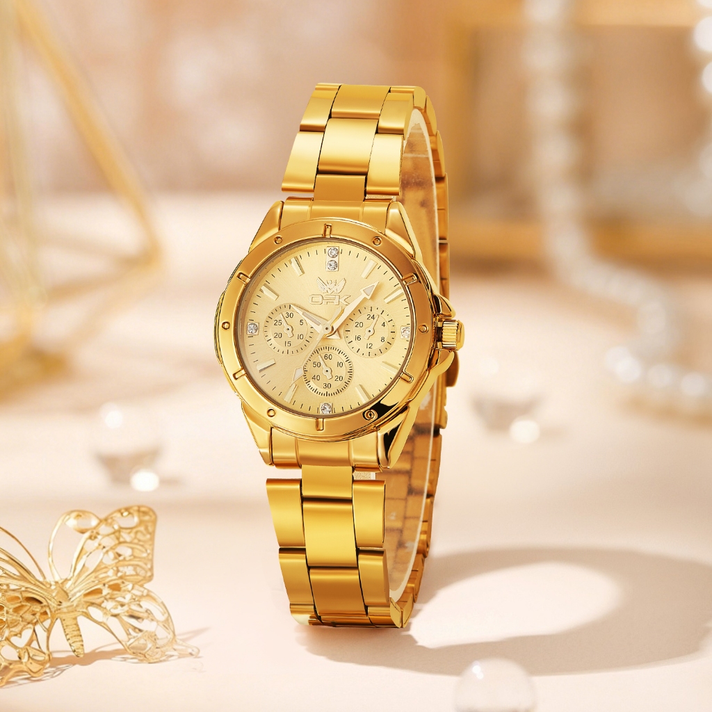 OPK Relógio Feminino Casual Com Pulseira Versátil Em Aço Inoxidável Dourado 6001