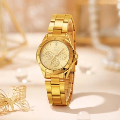 OPK Relógio Feminino Casual Com Pulseira Versátil Em Aço Inoxidável Dourado 6001