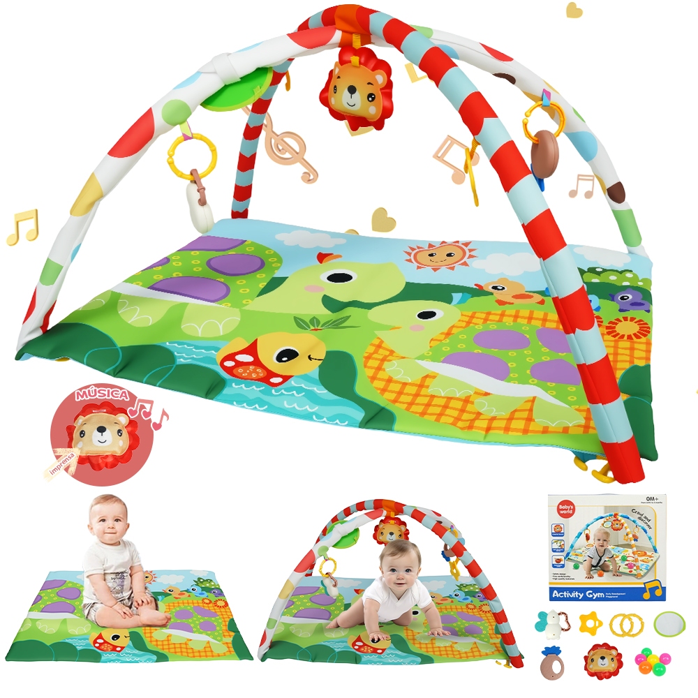 Ginásio de Atividade para Bebê com Música, Tapete de Brincar Colorido para Tempo de Barriga + Brinquedos Pendurados, Ple