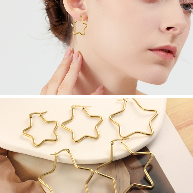 Brincos grandes achatados em forma de estrela de cinco pontas, elegantes e simples de aço titânio, com clipe para orelha em Oferta na Shopee
