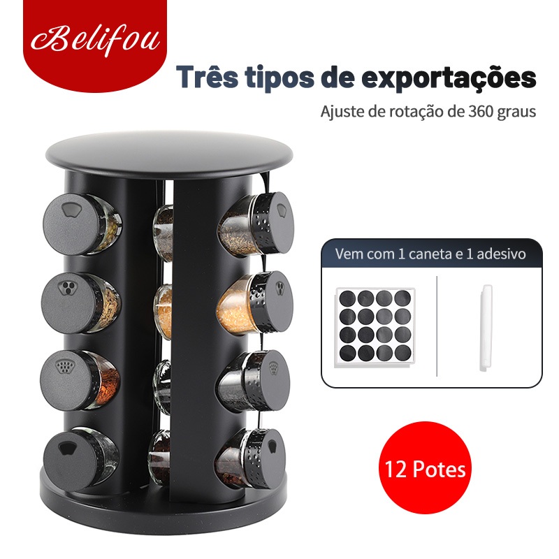 Belifou Porta Condimentos Giratório Tempero com 12 potes de Vidro 90G em Oferta na Shopee