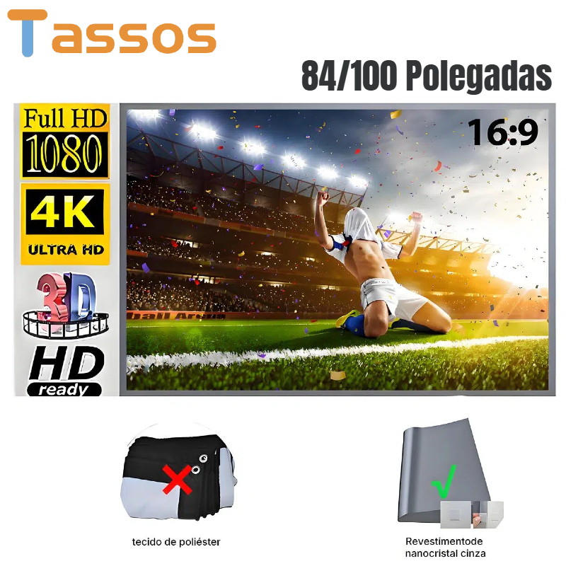 TASSOS Tela De Projeção 84/100 Polegadas 4K Full HD 16:9 Cinza Anti-luz，lavável e portátil em Oferta na Shopee