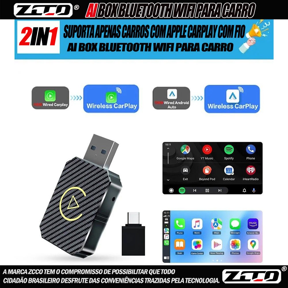 ZCCO Adaptador CarPlay Android Auto Sem Fio ZCCO 2 em 1 USB 5.8GHz Bluetooth