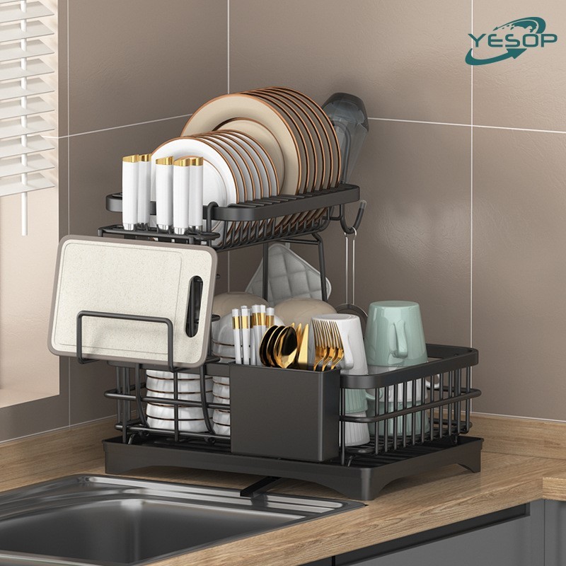 Escorredor de Louça Duplo Removível Com Níveis Dreno Cor Preto Yesop em Oferta na Shopee