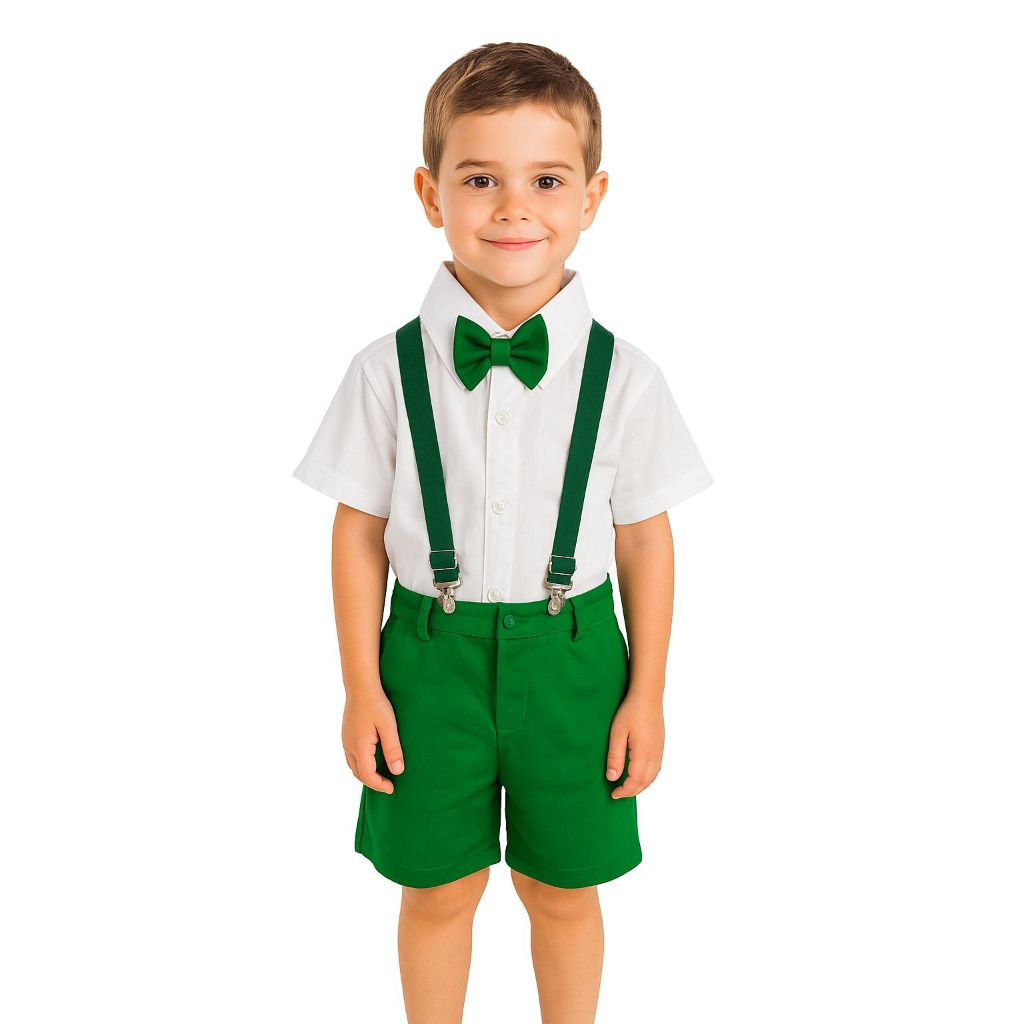 Conjunto Infantil Juvenil Camisa Social Branca Suspensório Verde Roupa Festa Natal Casamento Formatura Menino 1 Ao 8