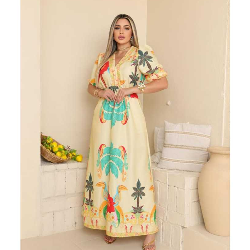 Vestido Tropical Amarelo Vestido Longo Amarelo Vestido Estampado  Vestido de Verão Moda Feminina