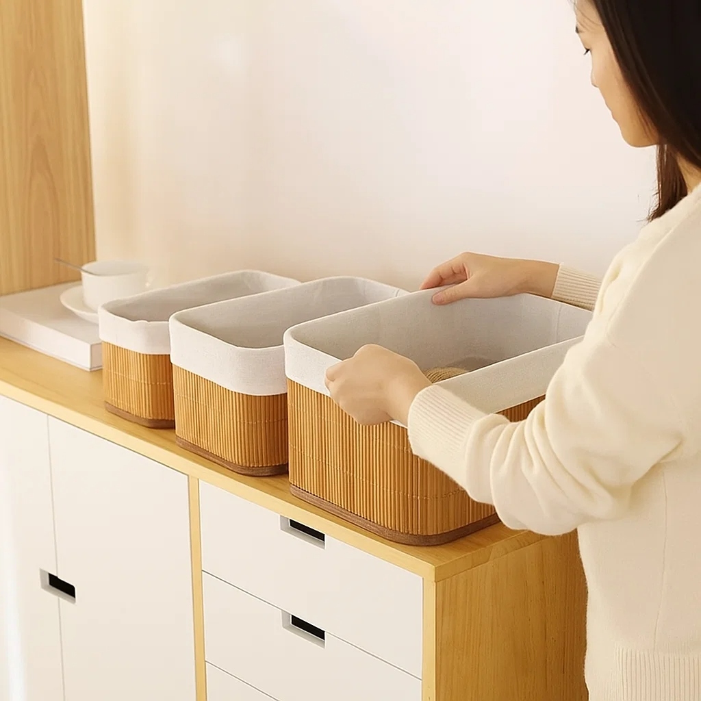 Conjunto Cestos Organizadores Bambu Natural Multiuso Resistente Decoracao Casa Escritorio