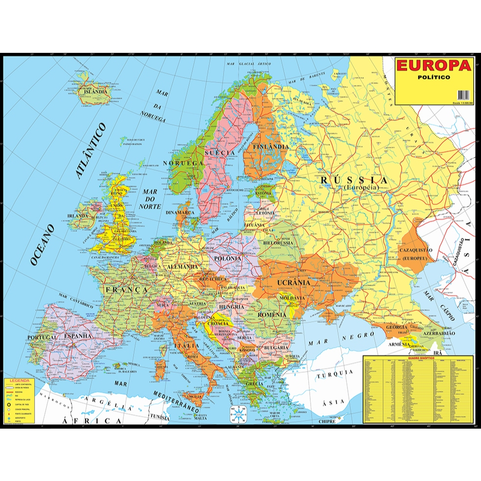 Mapa Europa Politico Escolar Tamanho 120 X 90 Cm