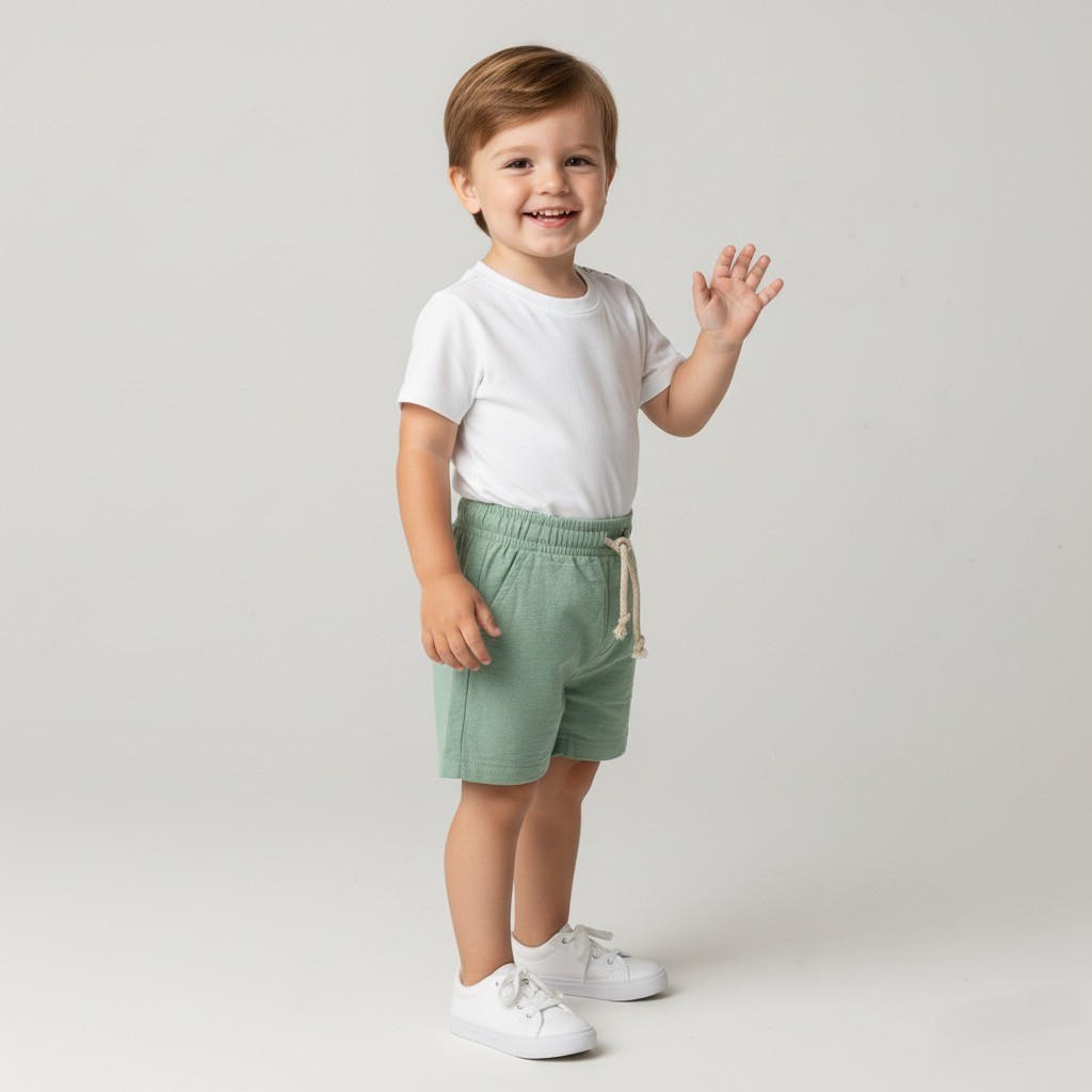 Shorts Bebê Menino Infantil Modelo Mauricinho Tecido Linho Leve e Macio Confortável Verde Claro
