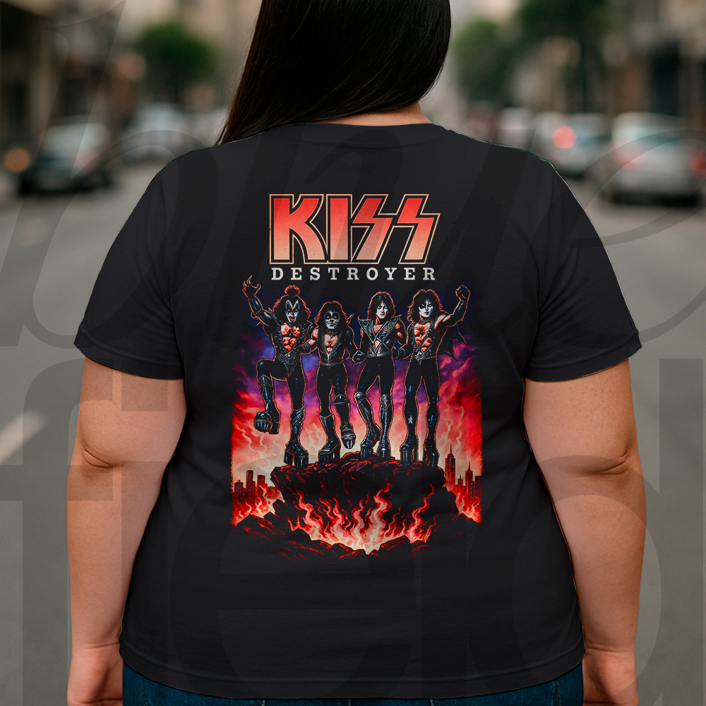 Camiseta Plus Size Feminina Rock Streetwear Kiss Destroyer 029 Malha Algodão