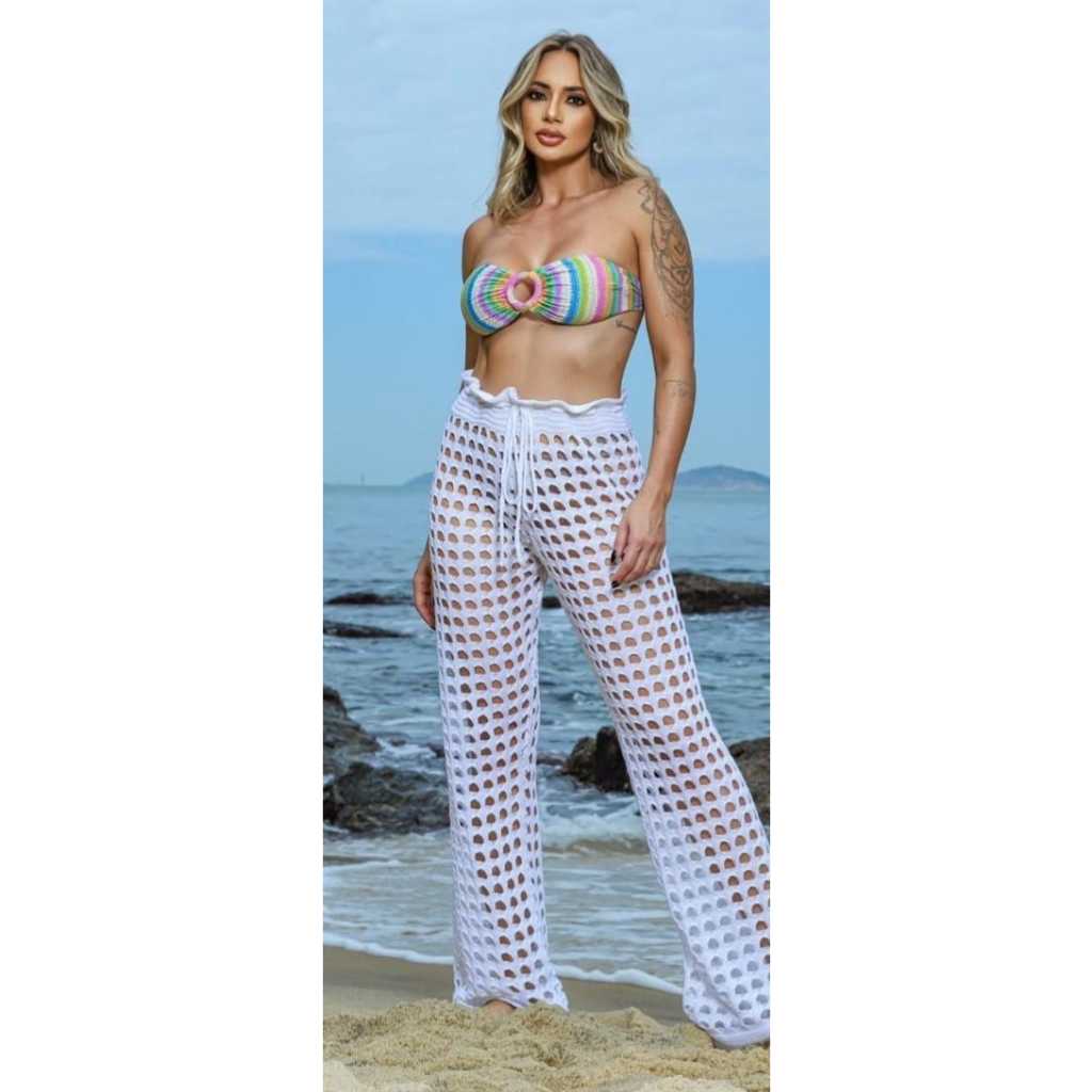 Calça de tricot saida de praia pantalona arrastão calça furinhos calça vazada de praia e piscina