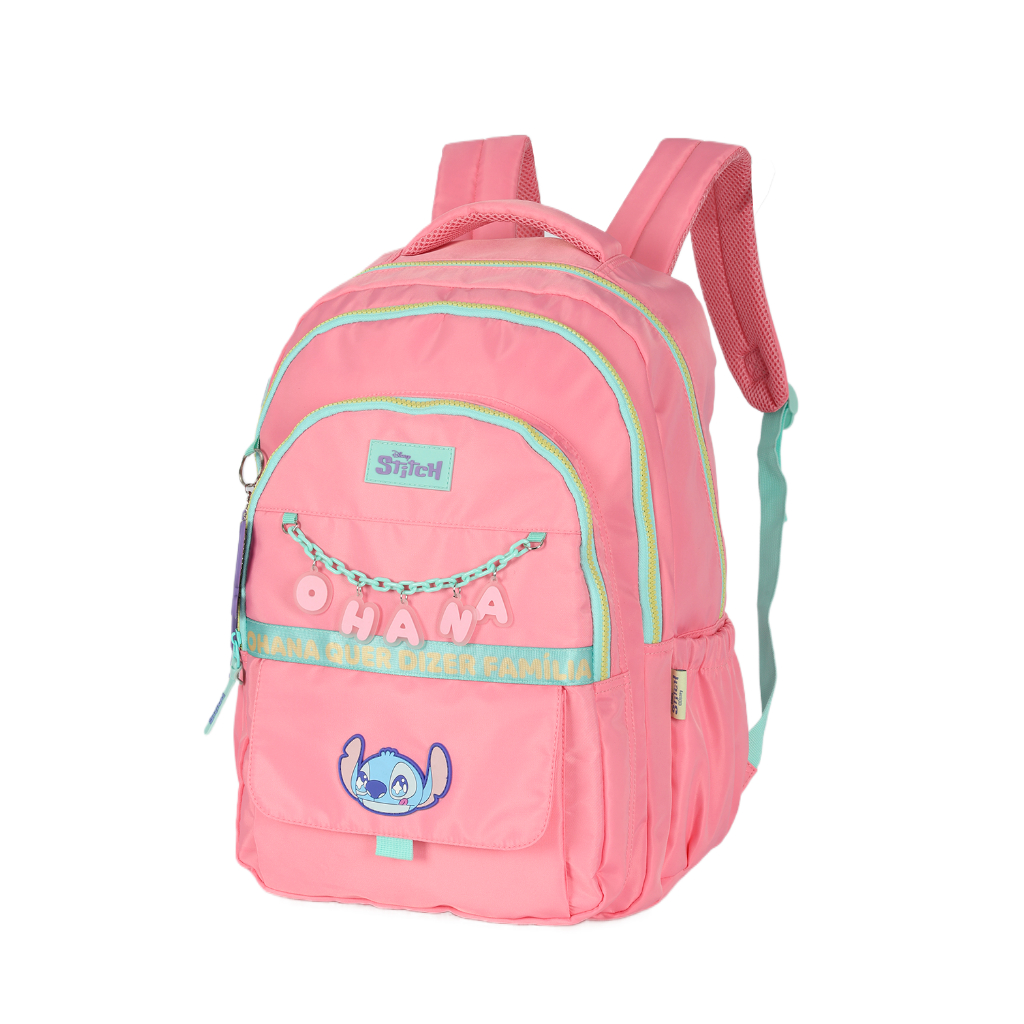 Detalhes do Kit Mochila de Costas G + Estojo Box Stitch Disney | Rosa Salmão Turquesa | 2 Peças Ohana | Chaveiro Angel