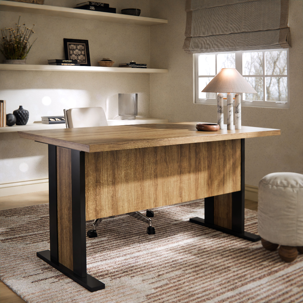 Mesa Escritório Industrial Madeira Com Pés Moderna Para Home Office Ou Empresa Cor Amêndoa Preta em Oferta na Shopee