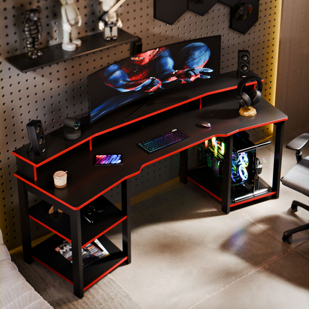 Mesa Gamer Escrivaninha Oslo Para Setup Gamer Com Prateleiras E Suporte Para Monitor Design Moderno em Oferta na Shopee