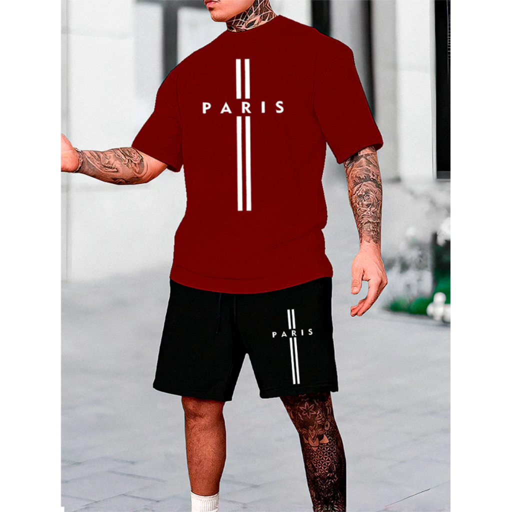 Conjunto Kit Camiseta e Short Tectel Estiloso Paris Verão Moderno Tendencia Praia Camisa + Bermuda