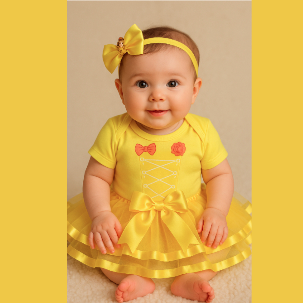 Body Bebê mesversario Menina A Bela e A Fera Temático+Laço+Tule