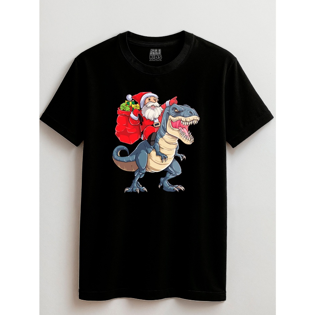 Camisa Dinossauro Noel 100% Algodão 2 ao 16 anos Natal Juvenil e Infantil Unissex