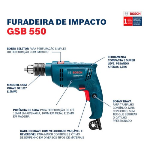 Kit Furadeira Impacto Parafusadeira Bosch GSB 550 RE 110V + Jogo Brocas e Pontas 103 Peças + Maleta · foto 2