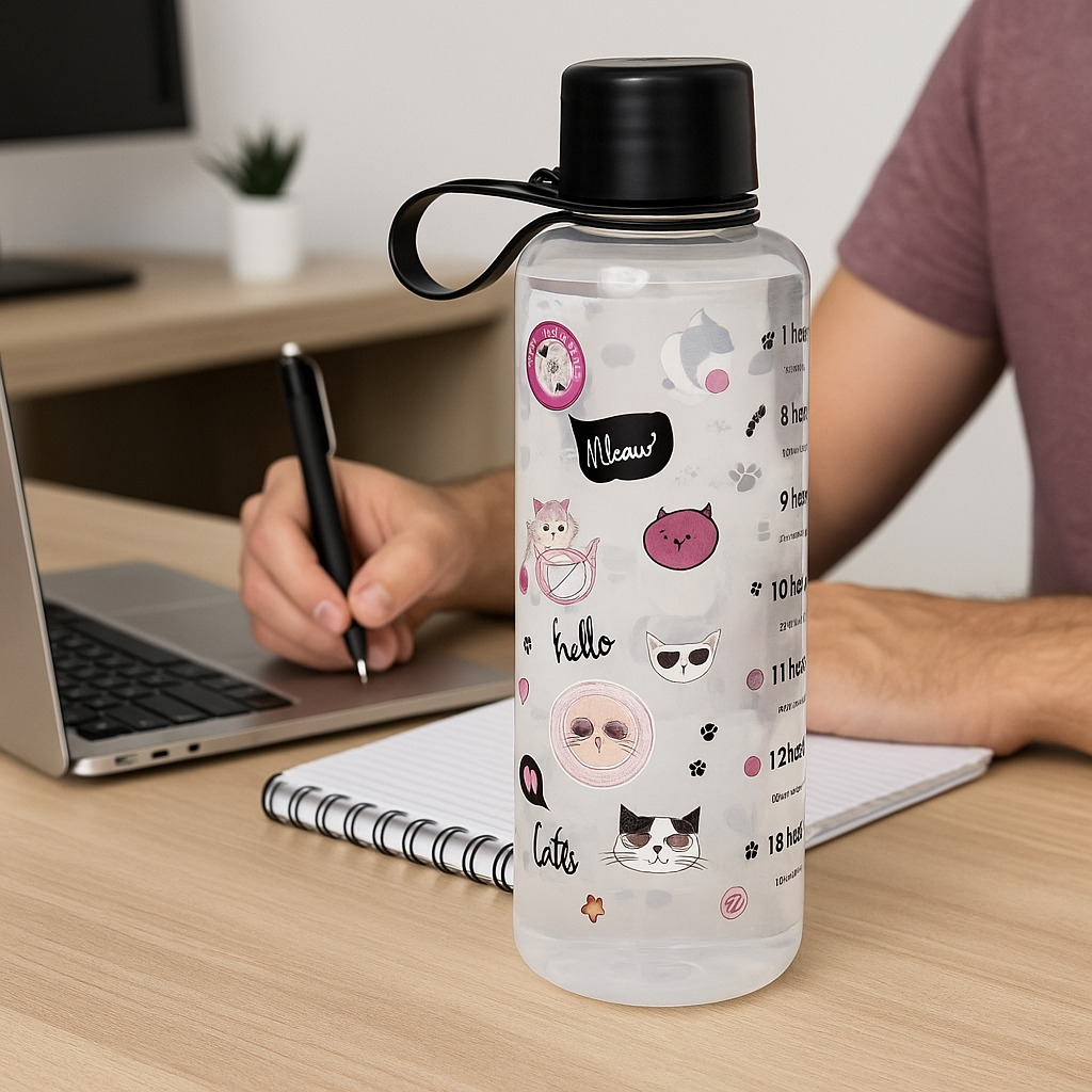 Garrafa Plástica de Gatinhos - 970 ML Motivacional com marcações e estampa fofa