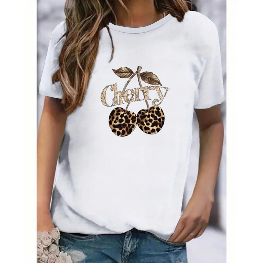 Camiseta Feminina Despojada Estilosa Estampada Cherry de Onça