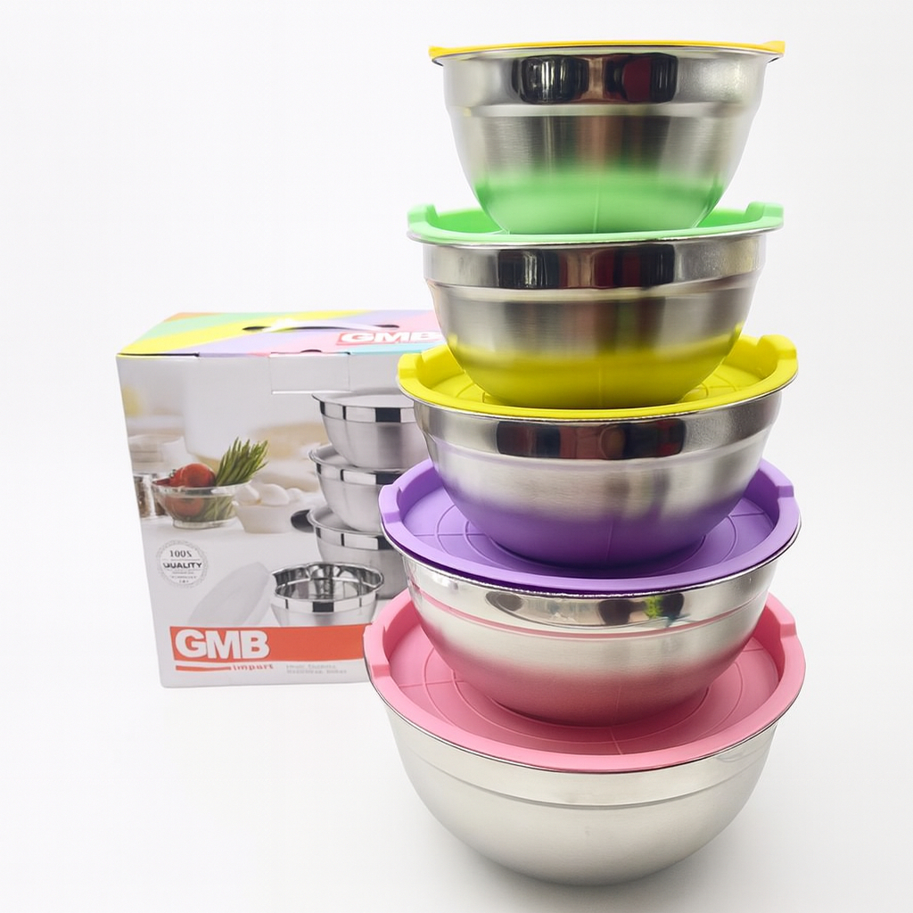 Kit Conjunto 5 Tigelas Bowls Aço Inox Com Tampa Plástica Color