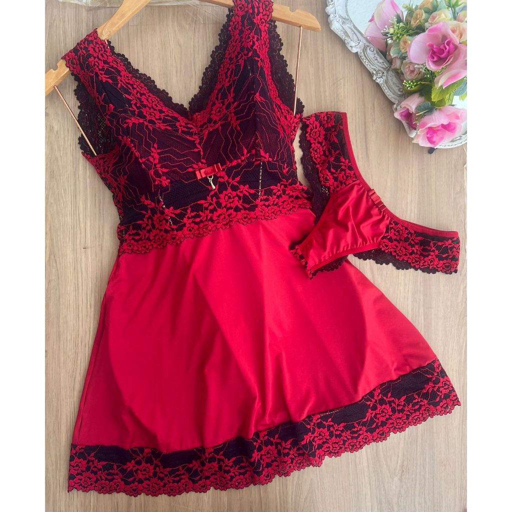 Conjunto Camisola e Calcinha Vermelho em Renda – Sexy e Confortável em Oferta na Shopee