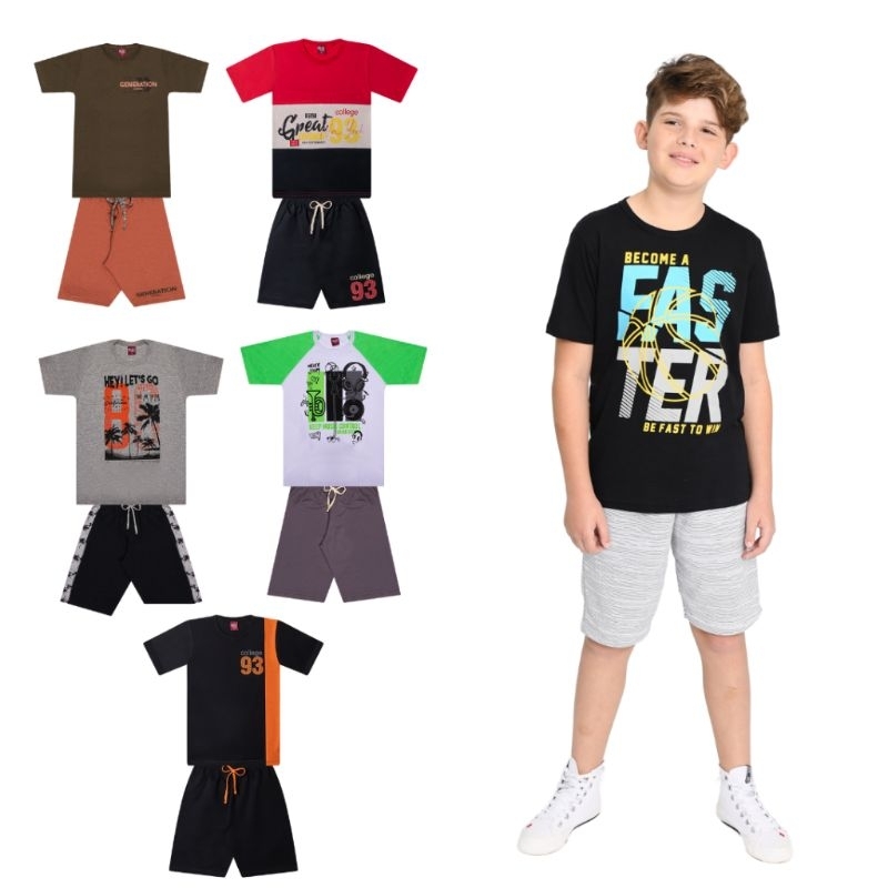 Kit 10 Peças de Roupa Menino Verão - Conjunto Juvenil Masculino - 5 Camisetas e 5 Bermudas