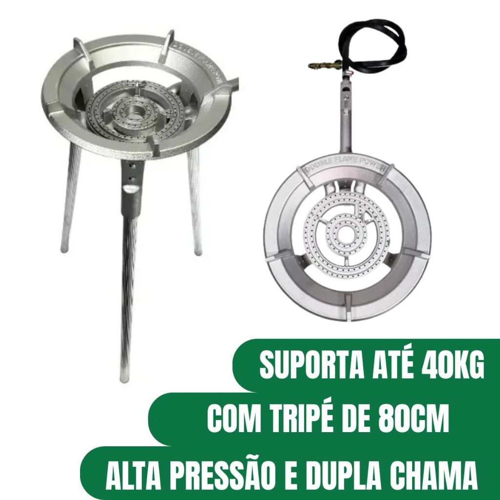Imagem Fogareiro a Gás Portátil Alumínio Fundido Alta Pressão Dupla Chama C/ Tripé 80cm Camping Churrasqueira Bancada