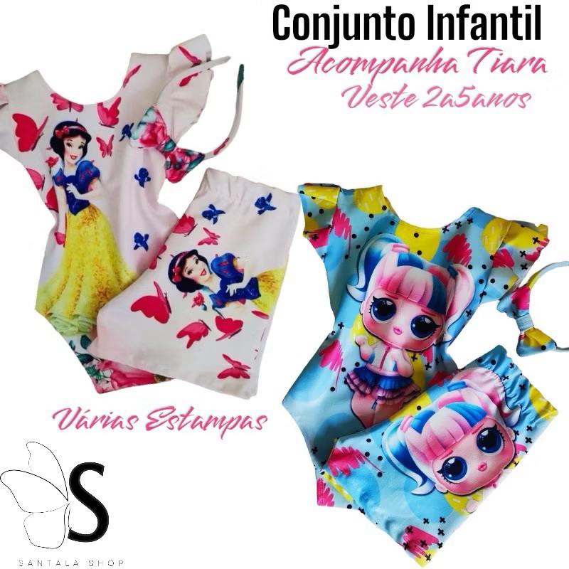 ENVIO RAPIDO Conjunto  Roupa infantil Menina Body Maiô Infantil Temático Menina Short e Tiara de Cabelo
