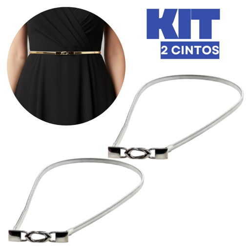 Kit 02 Cinto Metal Elástico Feminino Fino Design Fivela Dourado E Prata