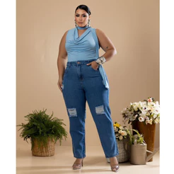 Calça Jeans Mom Feminina Destroyed Premium Plus Size