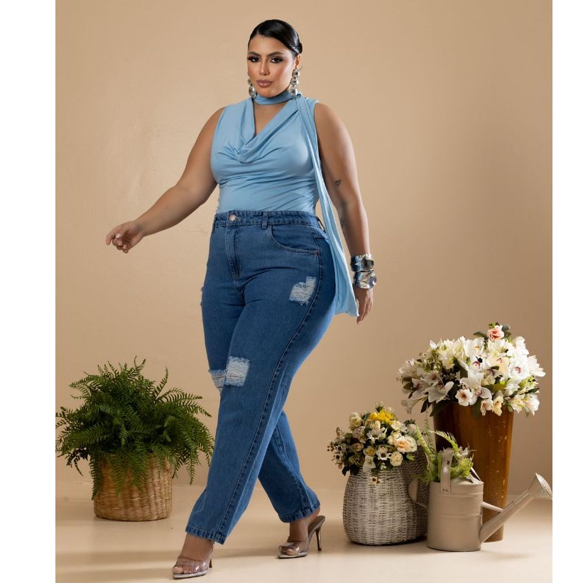 Calça Jeans Mom Feminina Destroyed Premium Plus Size — imagem 2 de 2
