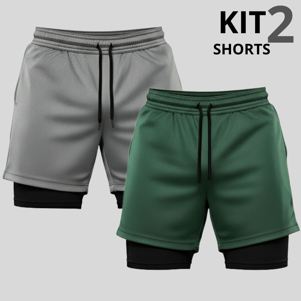 Kit 2 Shorts 2 em 1 Dry Fit Masculino Corrida e Academia com Forro de Compressão