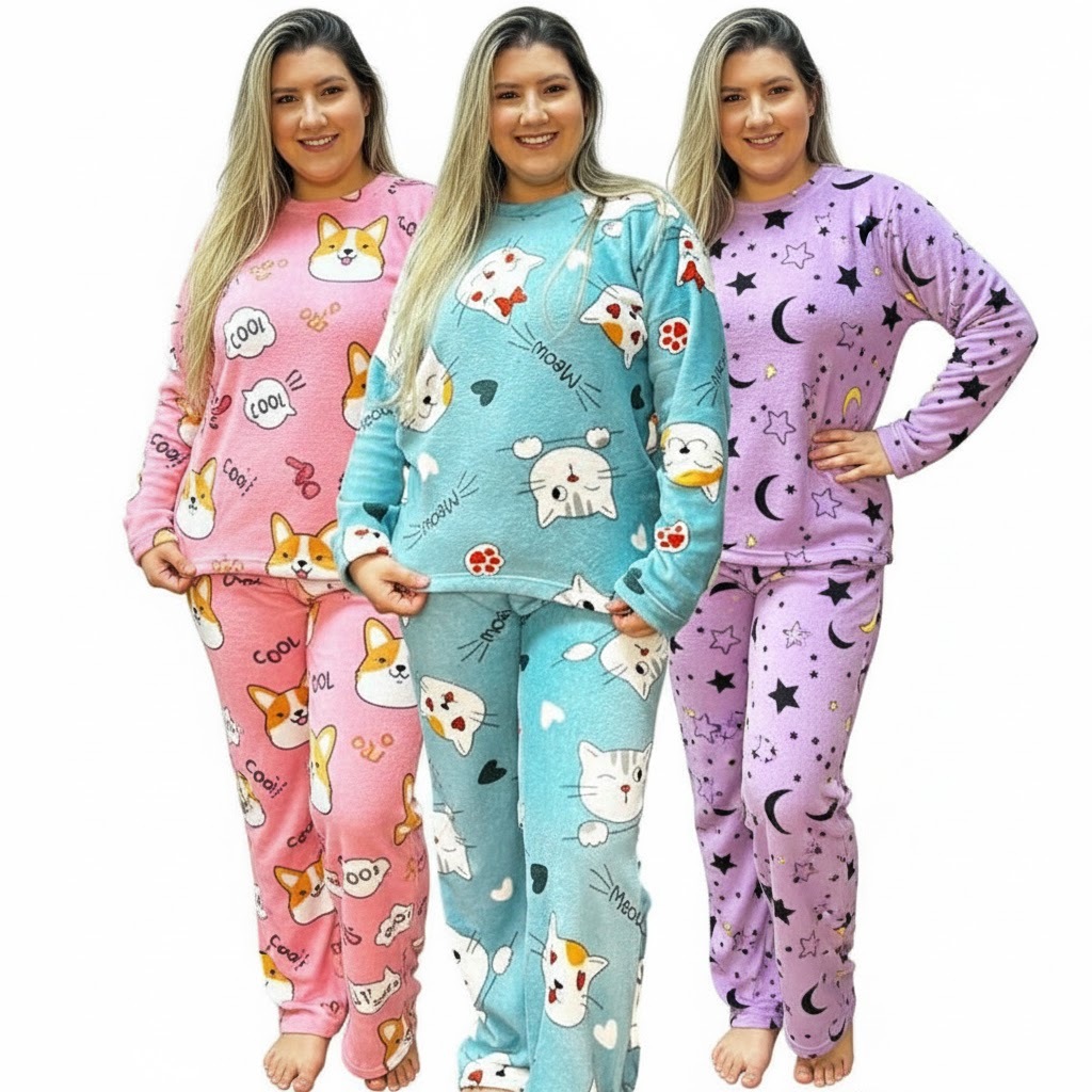 Pijama Feminino Longo Fleece Ted Peludinho Confort Premium em Oferta na Shopee