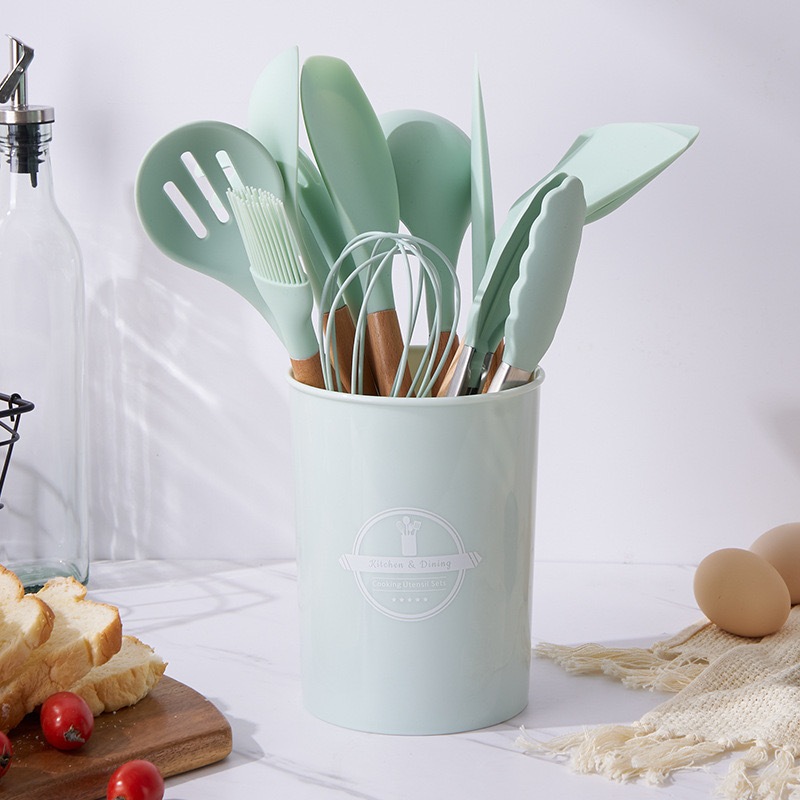 Jogo de Cozinha Kit C/12 Peças Utensílios de Cozinha em Silicone e Cabo de Madeira Antiaderentes