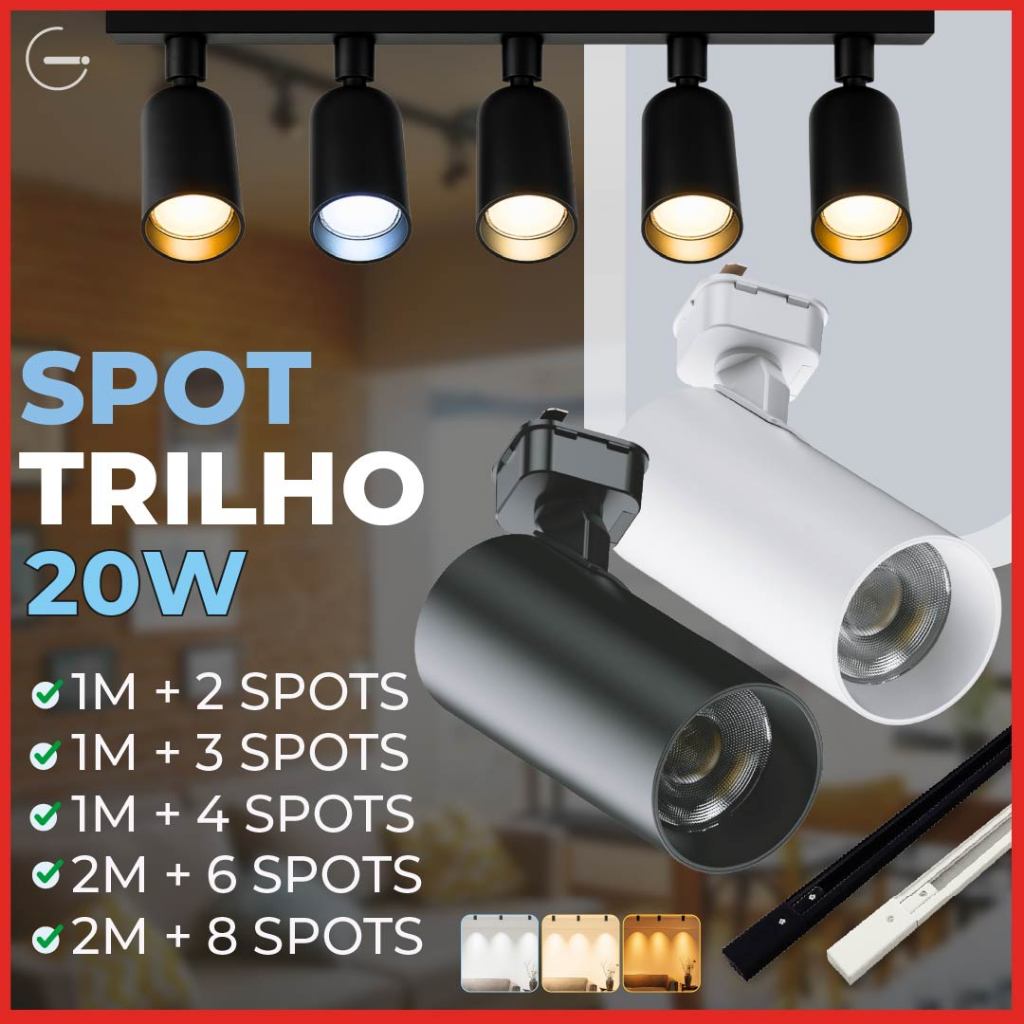 Trilho Spot LED para trilho eletrificado + Trilho + Conector Tubinho Preto e Branco 20W Bivolt em Oferta na Shopee