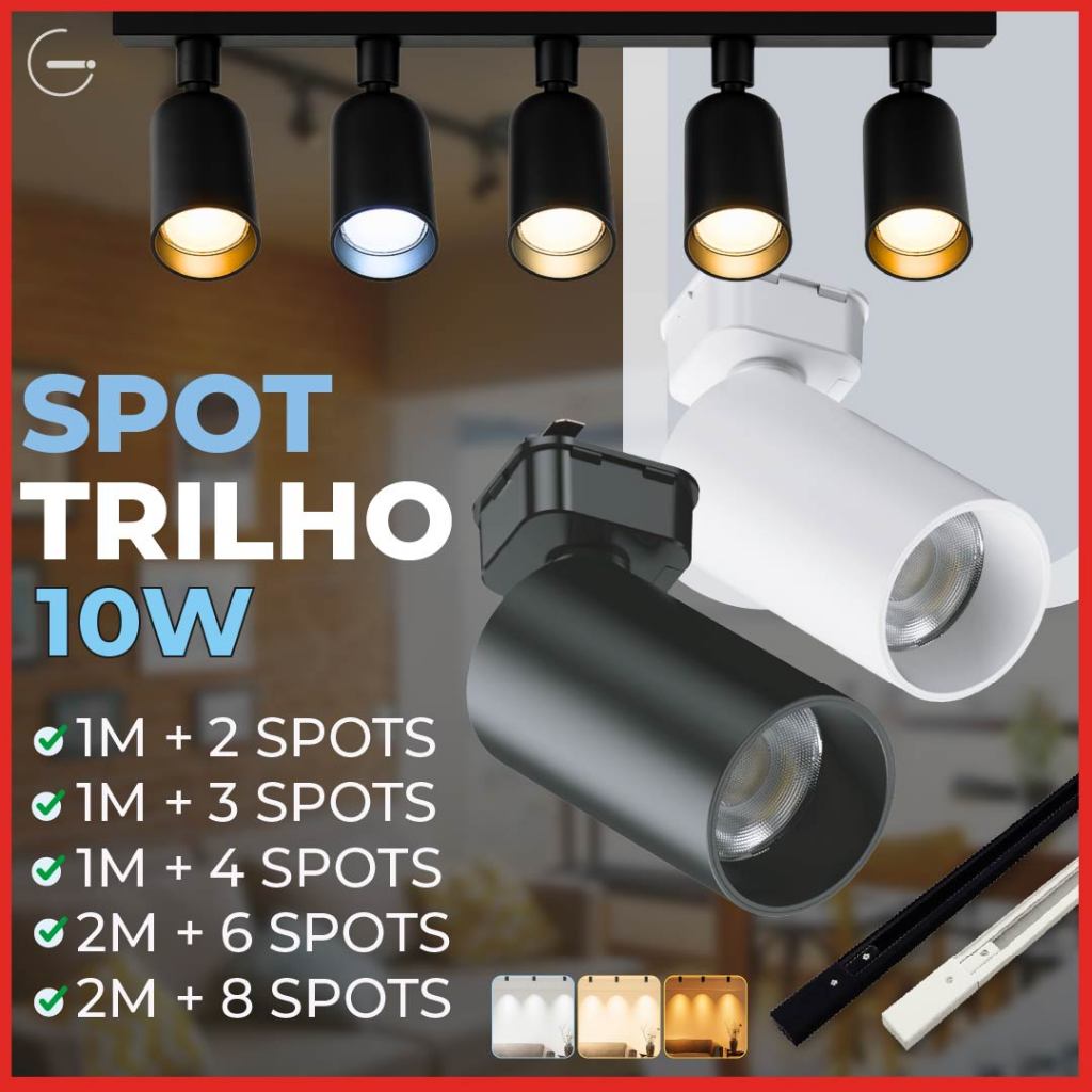 Trilho Spot LED para trilho eletrificado + Trilho + Conector Tubinho Preto e Branco 10W Bivolt em Oferta na Shopee