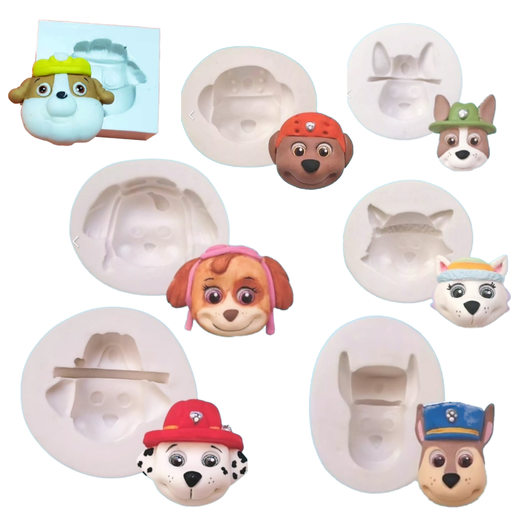Kit 7 Moldes de Silicone Patrulha Canina Chase Rumble Tracker Skye Everest Zuma Marshal Confeitaria Biscuit Personagens