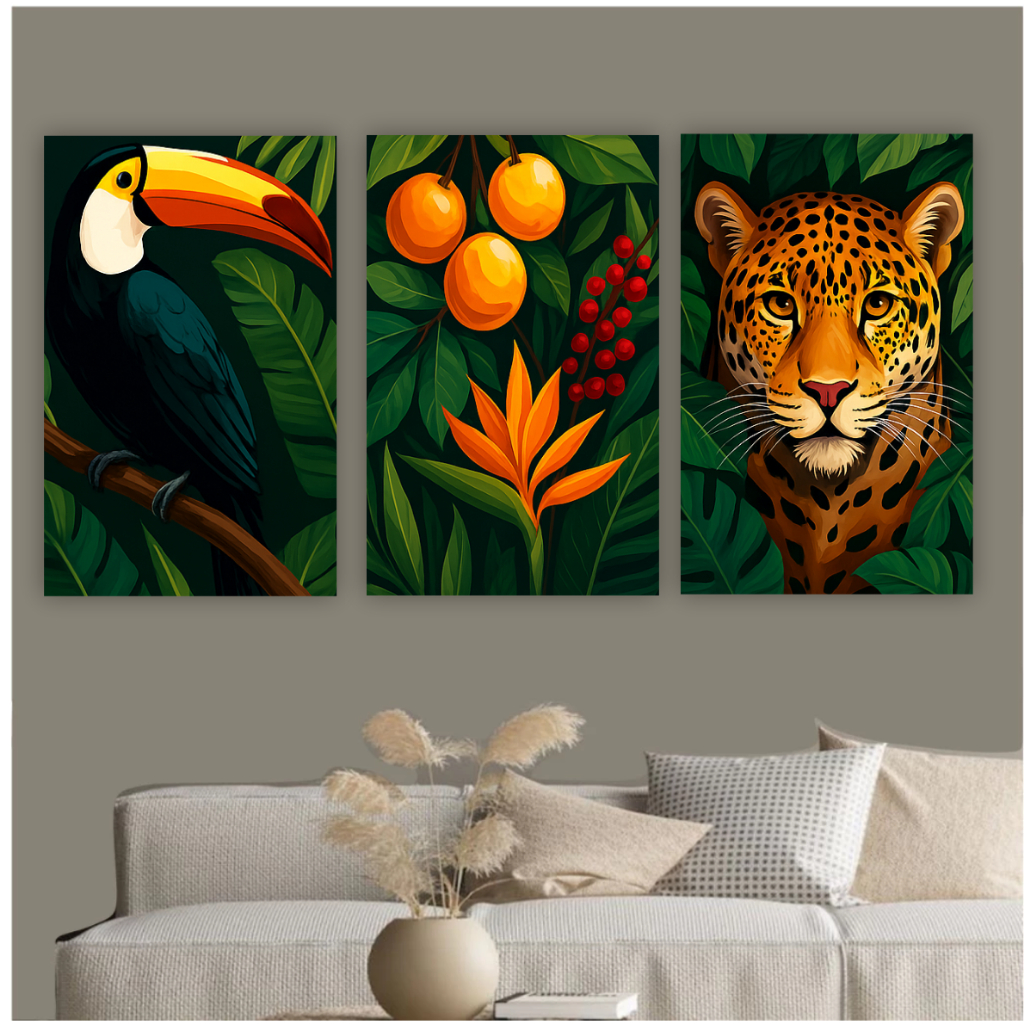 Quadro decorativo tucano onça animais natureza fauna decoração para sala quarto biologia verde folha